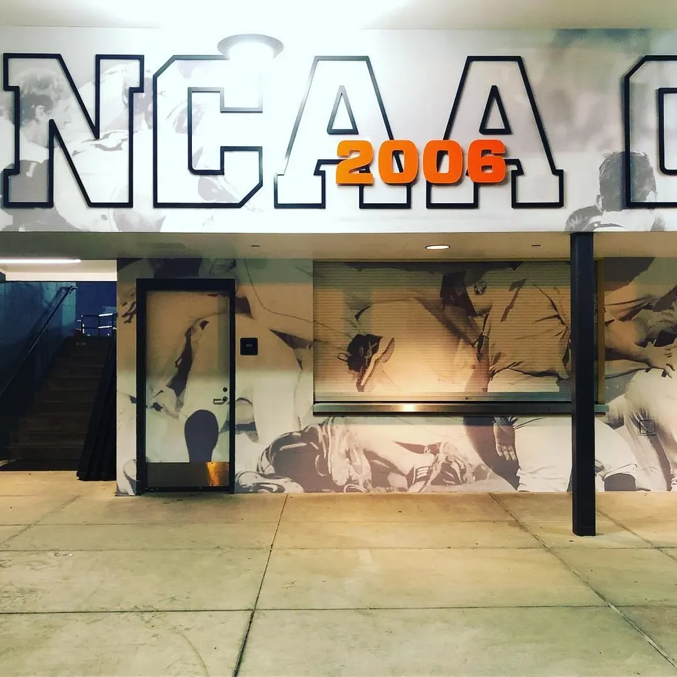 Large-scale sports facility wall graphics and dimensional lettering installation commemorating a championship season