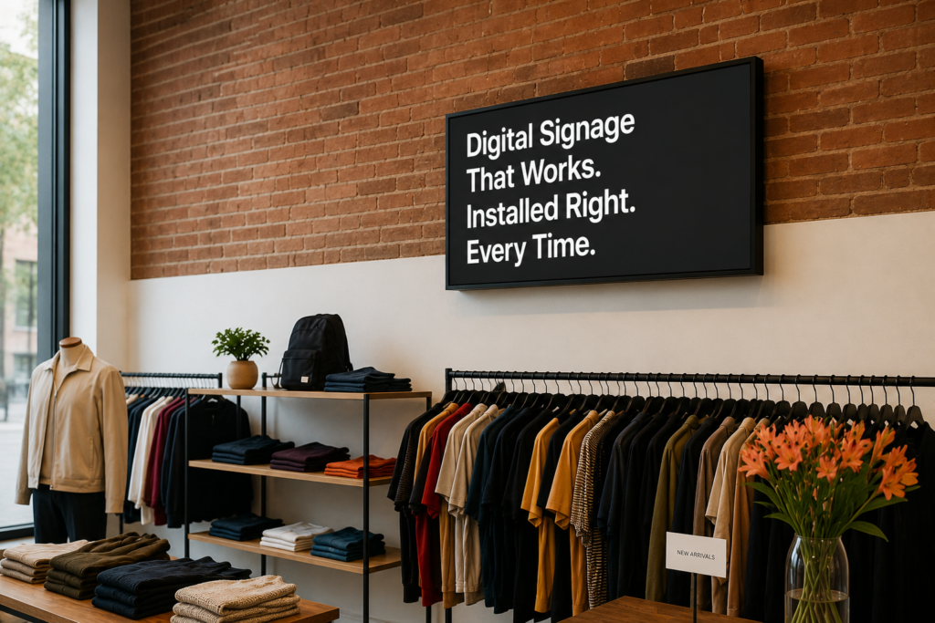 Professional digital signage installation in a modern retail store with a wall-mounted digital display above clothing fixtures.