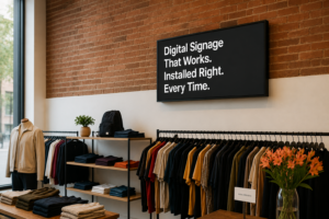 Professional digital signage installation in a modern retail store with a wall-mounted digital display above clothing fixtures.