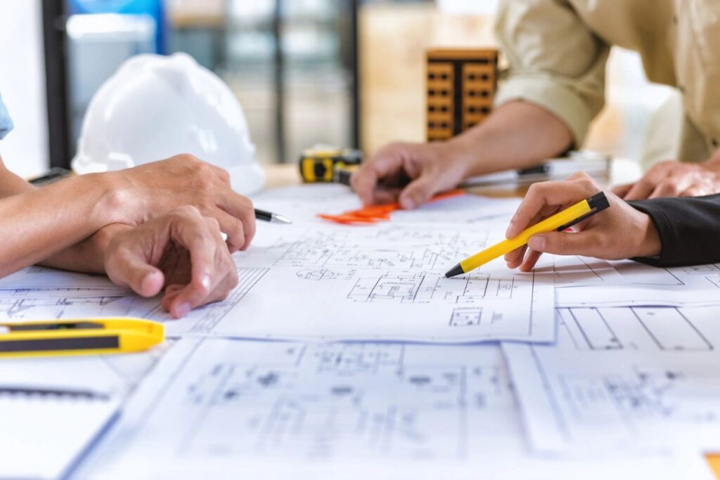Looking at a blueprint for a retail store remodel.