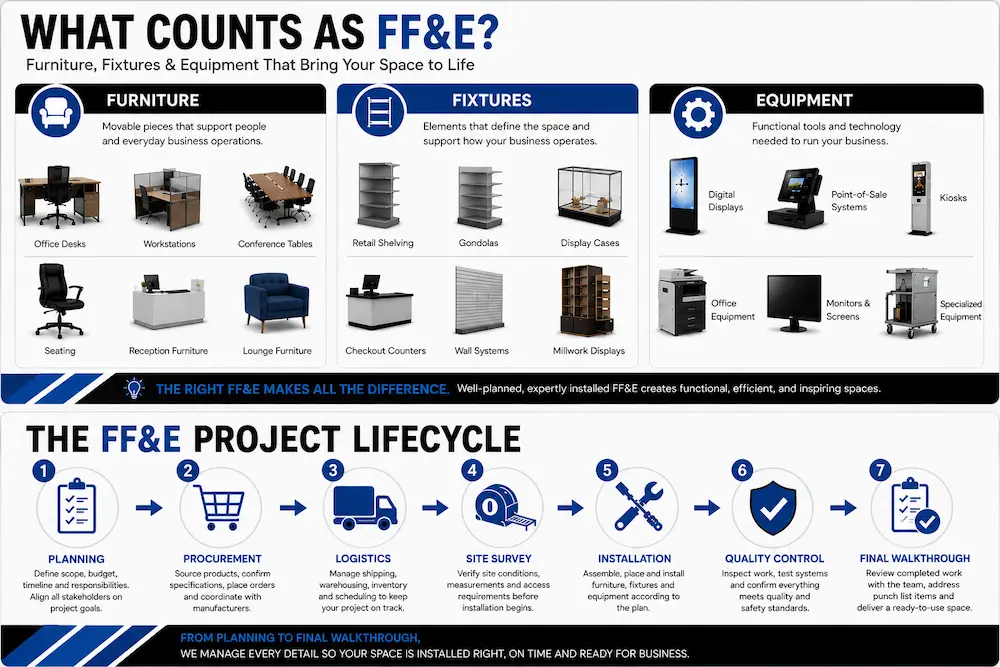 What Counts as FF&E infographic showing examples of furniture, fixtures, and equipment used in commercial office and retail installation projects.