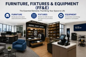 Furniture, Fixtures & Equipment (FF&E) infographic illustrating the three categories of FF&E with examples from commercial office and retail installation projects.