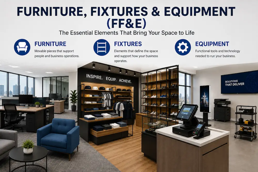 Furniture, Fixtures & Equipment (FF&E) infographic illustrating the three categories of FF&E with examples from commercial office and retail installation projects.